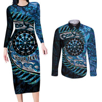 New Zealand Darts Personalised Couples Matching Long Sleeve Bodycon Dress and Long Sleeve Button Shirt Aotearoa Silver Fern Blue Papua Shell Spirit LT9 Blue - Polynesian Pride