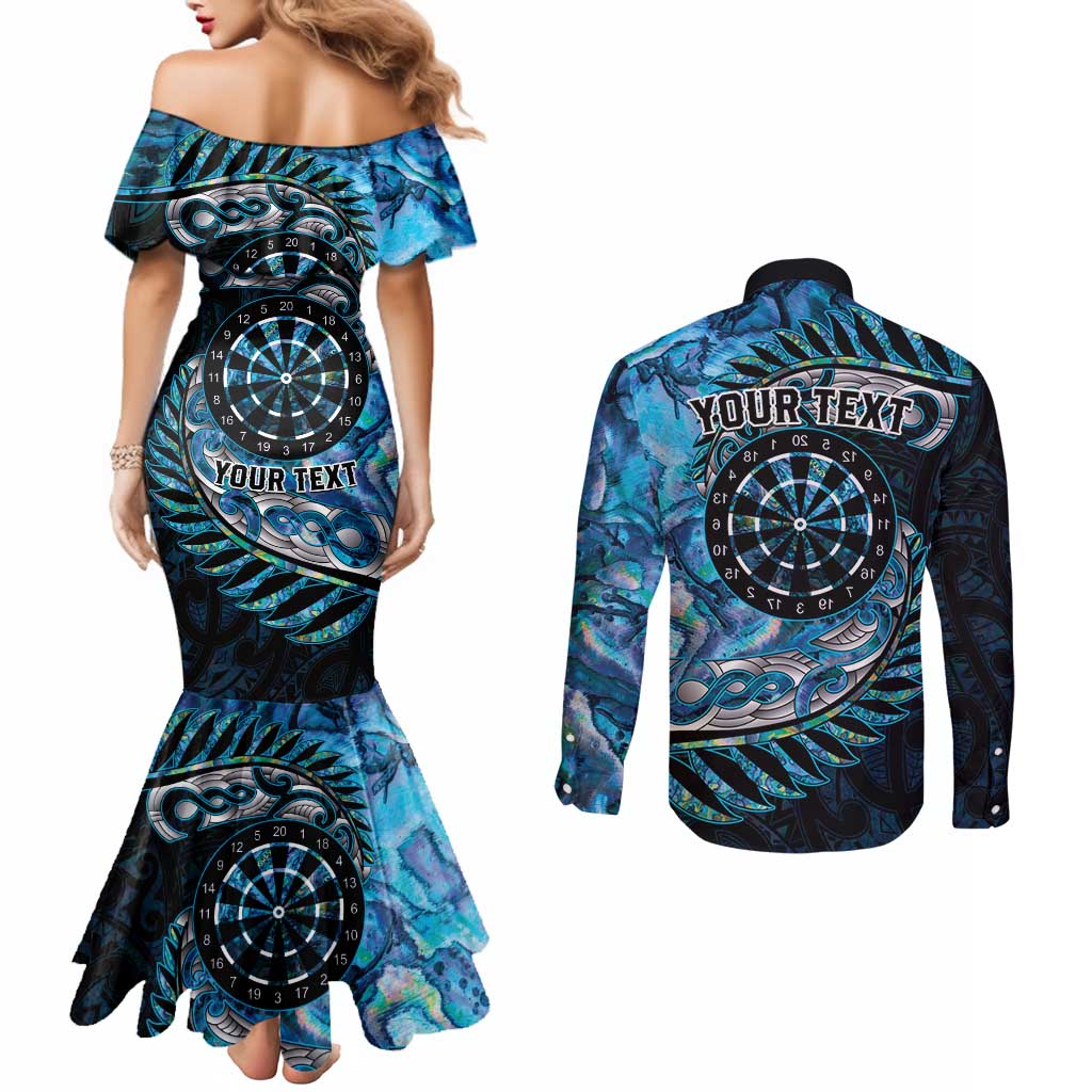 New Zealand Darts Personalised Couples Matching Mermaid Dress and Long Sleeve Button Shirt Aotearoa Silver Fern Blue Papua Shell Spirit LT9 - Polynesian Pride