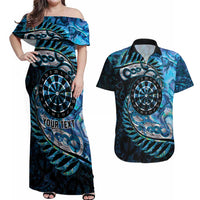 New Zealand Darts Personalised Couples Matching Off Shoulder Maxi Dress and Hawaiian Shirt Aotearoa Silver Fern Blue Papua Shell Spirit LT9 Blue - Polynesian Pride