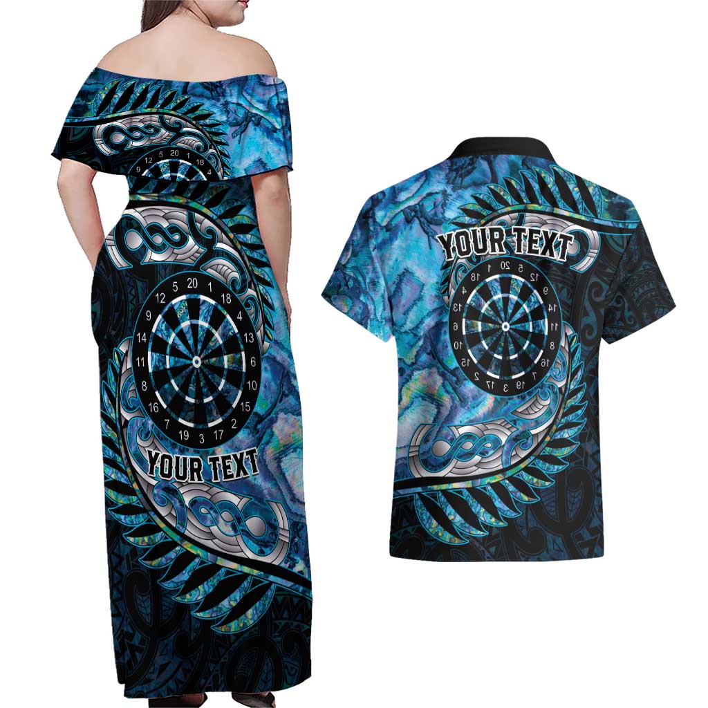 New Zealand Darts Personalised Couples Matching Off Shoulder Maxi Dress and Hawaiian Shirt Aotearoa Silver Fern Blue Papua Shell Spirit LT9 - Polynesian Pride
