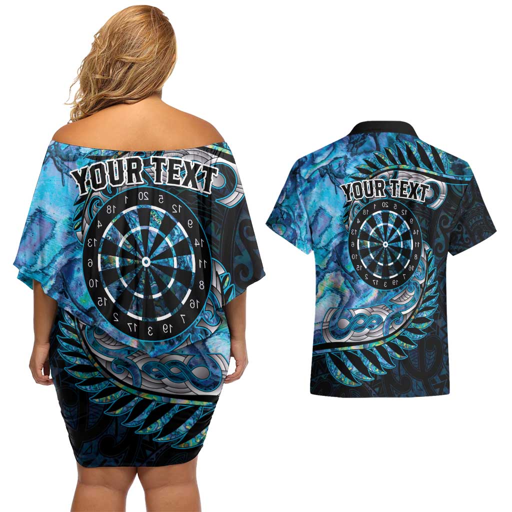 New Zealand Darts Personalised Couples Matching Off Shoulder Short Dress and Hawaiian Shirt Aotearoa Silver Fern Blue Papua Shell Spirit LT9 - Polynesian Pride