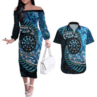 New Zealand Darts Personalised Couples Matching Off The Shoulder Long Sleeve Dress and Hawaiian Shirt Aotearoa Silver Fern Blue Papua Shell Spirit