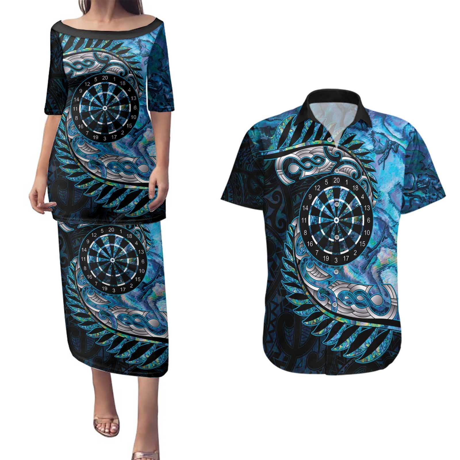New Zealand Darts Personalised Couples Matching Puletasi and Hawaiian Shirt Aotearoa Silver Fern Blue Papua Shell Spirit