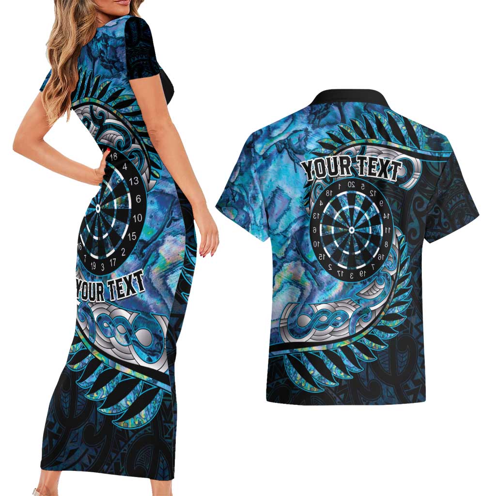 New Zealand Darts Personalised Couples Matching Short Sleeve Bodycon Dress and Hawaiian Shirt Aotearoa Silver Fern Blue Papua Shell Spirit LT9 - Polynesian Pride