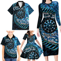 New Zealand Darts Personalised Family Matching Long Sleeve Bodycon Dress and Hawaiian Shirt Aotearoa Silver Fern Blue Papua Shell Spirit LT9 - Polynesian Pride