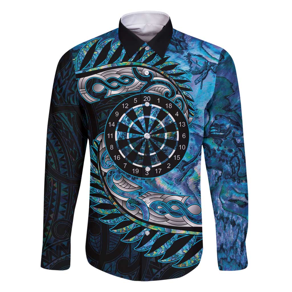 New Zealand Darts Personalised Family Matching Long Sleeve Bodycon Dress and Hawaiian Shirt Aotearoa Silver Fern Blue Papua Shell Spirit LT9 Dad's Shirt - Long Sleeve Blue - Polynesian Pride