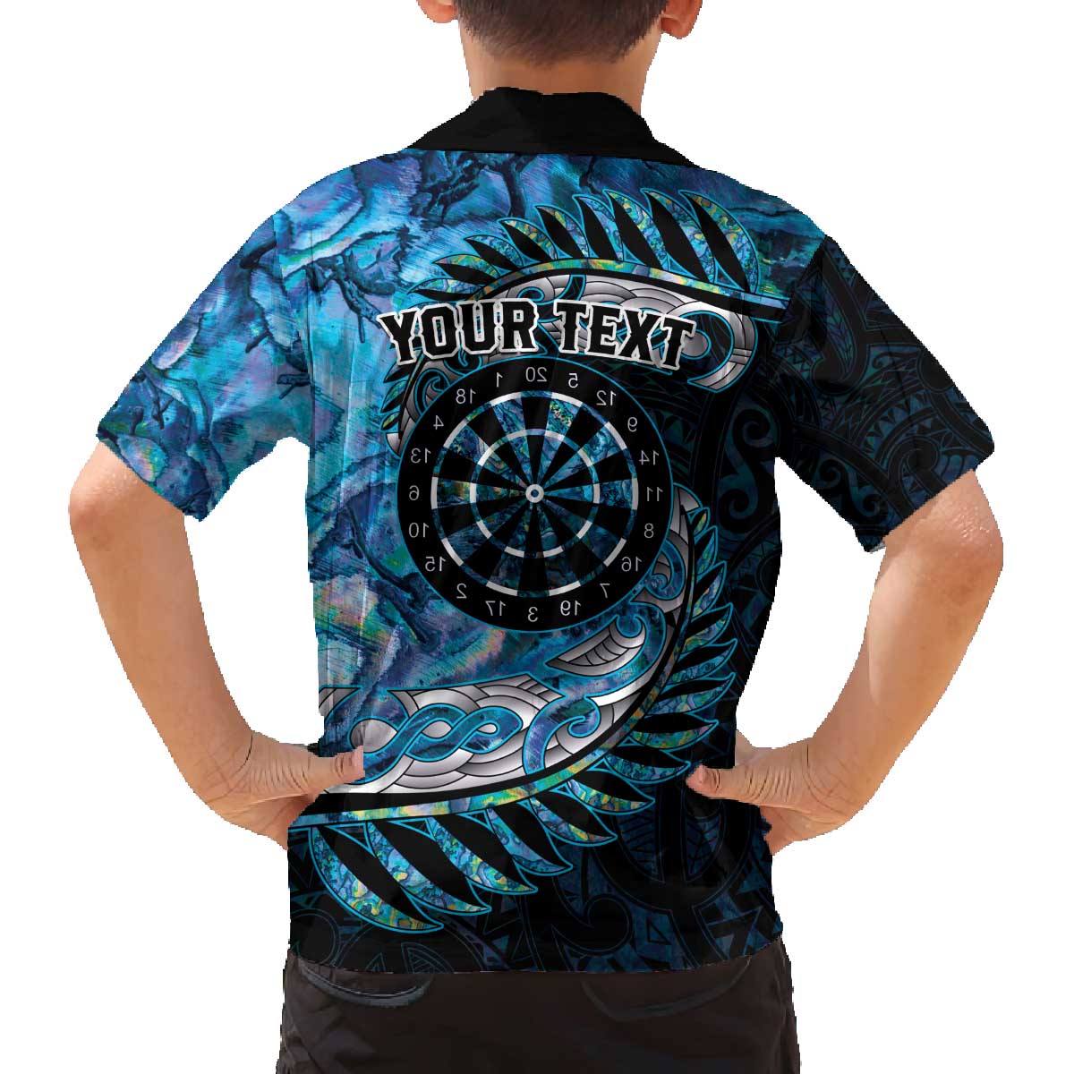 New Zealand Darts Personalised Family Matching Off The Shoulder Long Sleeve Dress and Hawaiian Shirt Aotearoa Silver Fern Blue Papua Shell Spirit