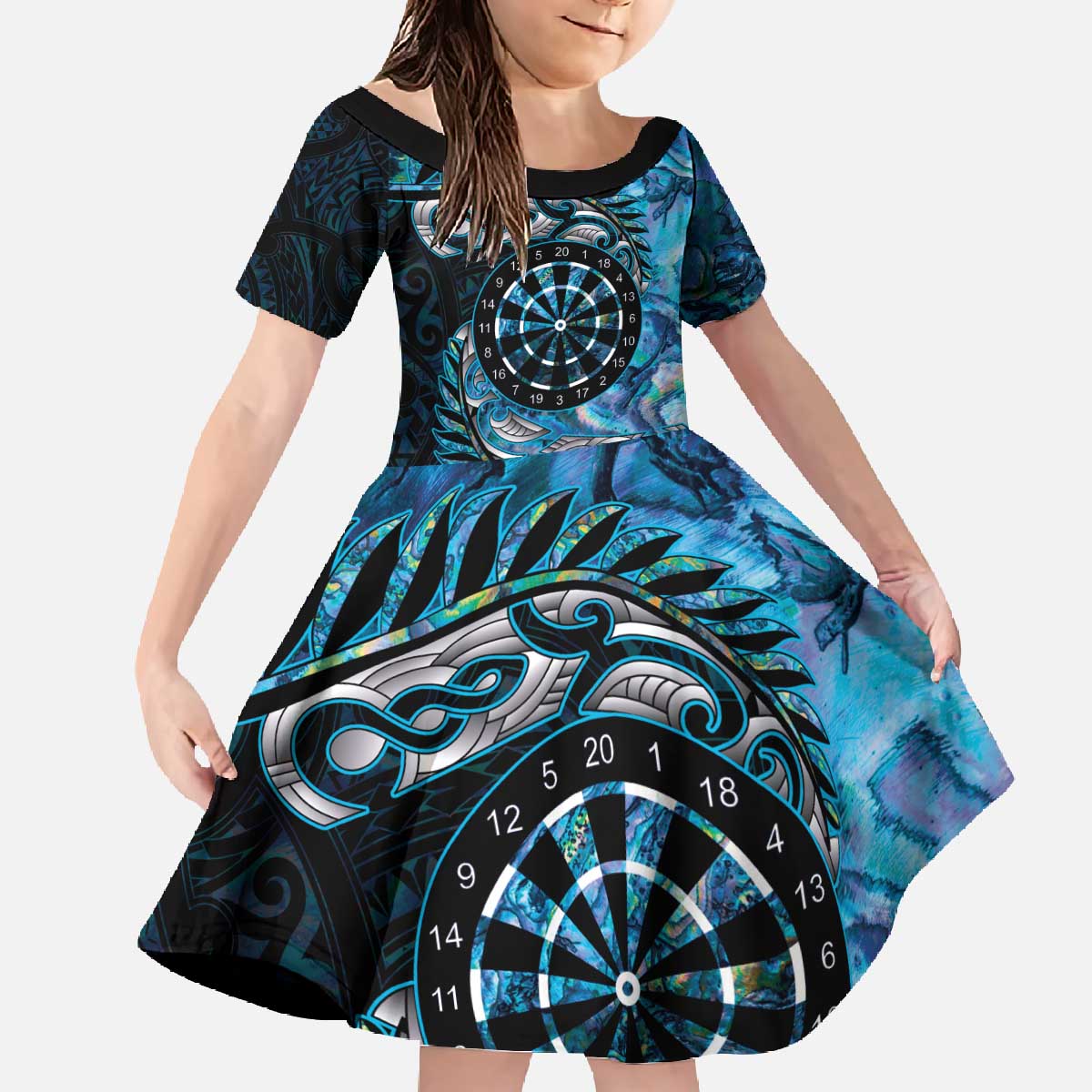 New Zealand Darts Personalised Family Matching Off The Shoulder Long Sleeve Dress and Hawaiian Shirt Aotearoa Silver Fern Blue Papua Shell Spirit