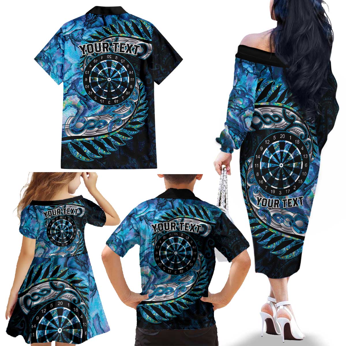 New Zealand Darts Personalised Family Matching Off The Shoulder Long Sleeve Dress and Hawaiian Shirt Aotearoa Silver Fern Blue Papua Shell Spirit