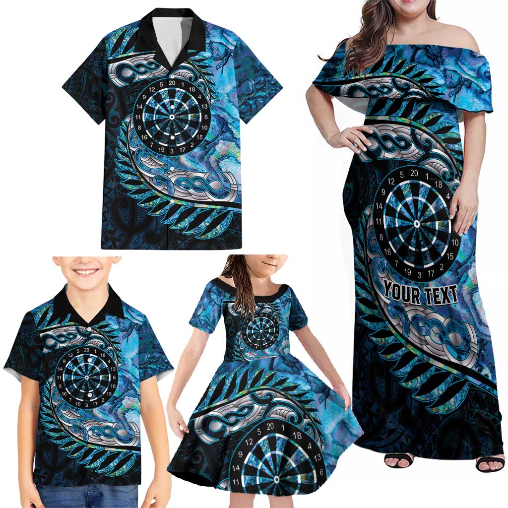 New Zealand Darts Personalised Family Matching Off Shoulder Maxi Dress and Hawaiian Shirt Aotearoa Silver Fern Blue Papua Shell Spirit