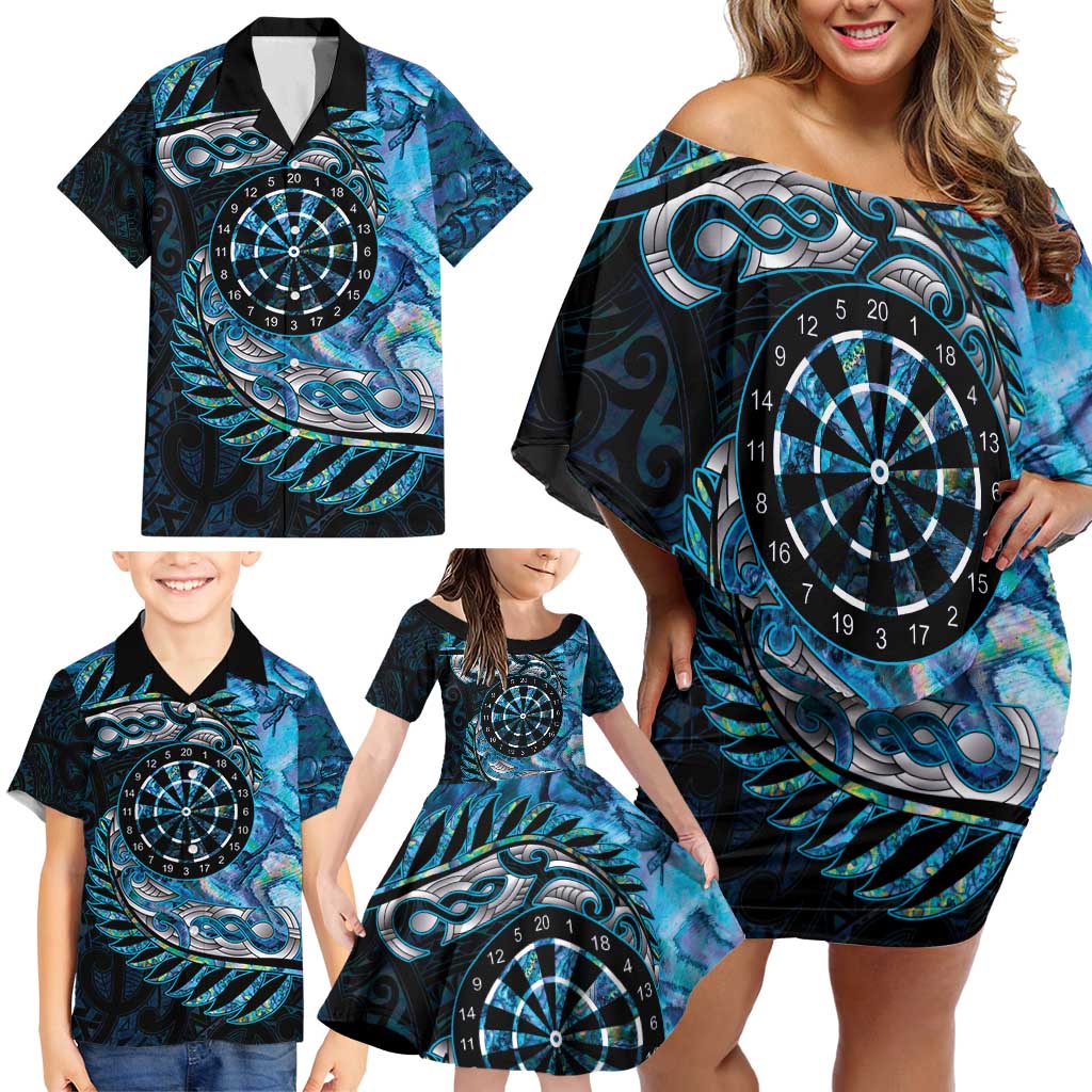 New Zealand Darts Personalised Family Matching Off Shoulder Short Dress and Hawaiian Shirt Aotearoa Silver Fern Blue Papua Shell Spirit
