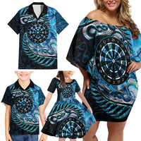 New Zealand Darts Personalised Family Matching Off Shoulder Short Dress and Hawaiian Shirt Aotearoa Silver Fern Blue Papua Shell Spirit