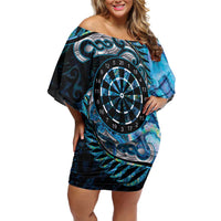 New Zealand Darts Personalised Family Matching Off Shoulder Short Dress and Hawaiian Shirt Aotearoa Silver Fern Blue Papua Shell Spirit