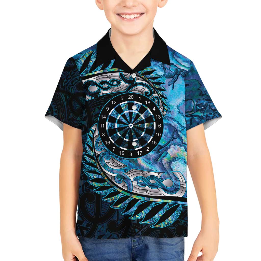 New Zealand Darts Personalised Family Matching Off Shoulder Short Dress and Hawaiian Shirt Aotearoa Silver Fern Blue Papua Shell Spirit