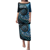 New Zealand Darts Personalised Family Matching Puletasi and Hawaiian Shirt Aotearoa Silver Fern Blue Papua Shell Spirit LT9 Mom's Dress Blue - Polynesian Pride