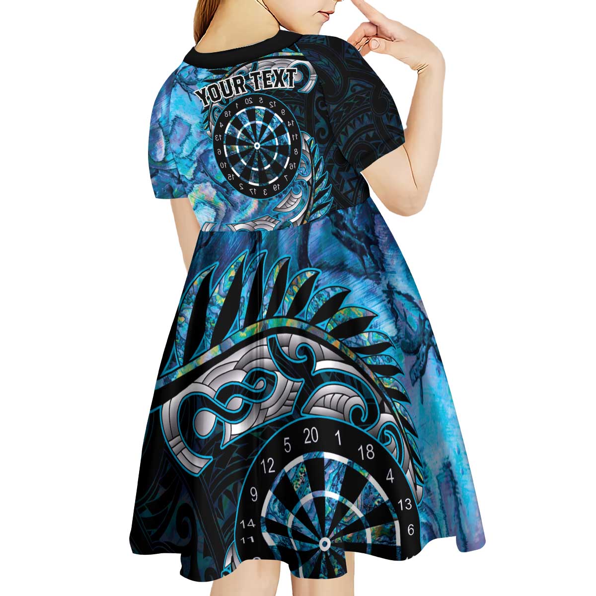 New Zealand Darts Personalised Kid Short Sleeve Dress Aotearoa Silver Fern Blue Papua Shell Spirit