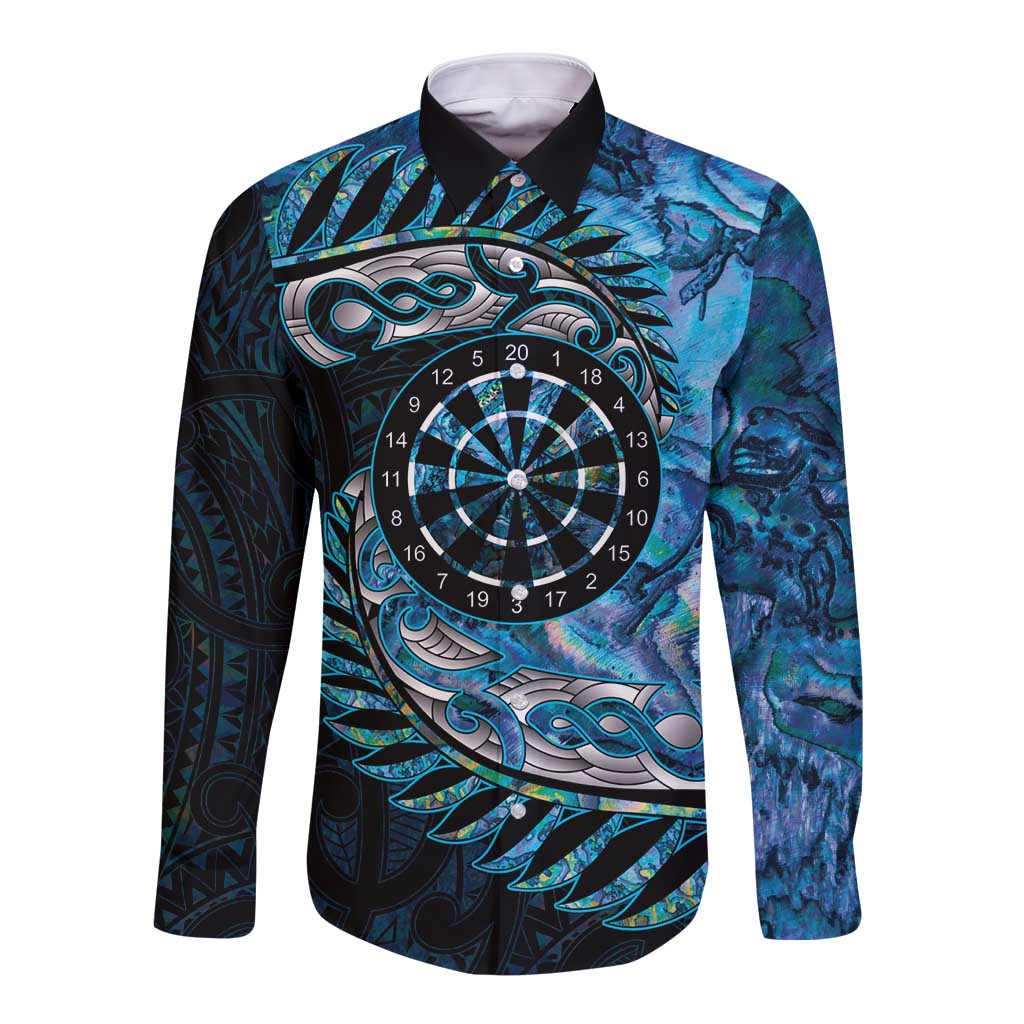 New Zealand Darts Personalised Long Sleeve Button Shirt Aotearoa Silver Fern Blue Papua Shell Spirit LT9 Unisex Blue - Polynesian Pride
