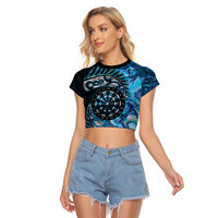 New Zealand Darts Personalised Raglan Cropped T Shirt Aotearoa Silver Fern Blue Papua Shell Spirit LT9 Female Blue - Polynesian Pride