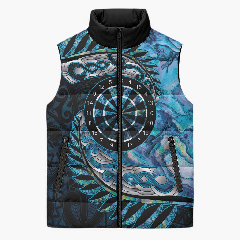 New Zealand Darts Personalised Sleeveless Puffer Jacket Aotearoa Silver Fern Blue Papua Shell Spirit - Polynesian Pride