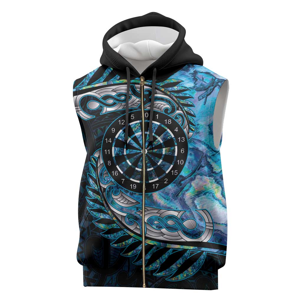 New Zealand Darts Personalised Sleeveless Zip Hoodie Aotearoa Silver Fern Blue Papua Shell Spirit - Polynesian Pride