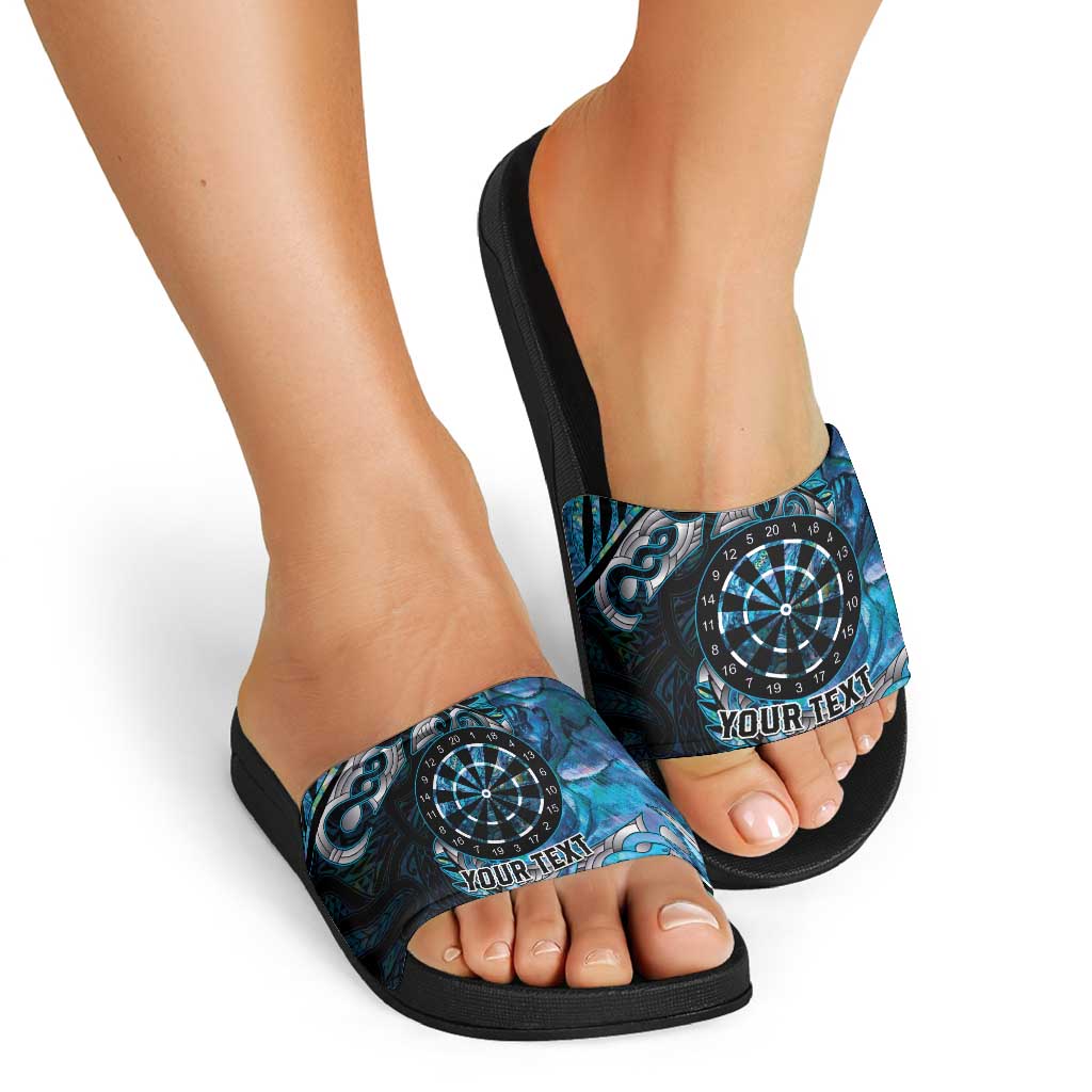 New Zealand Darts Personalised Slide Sandals Aotearoa Silver Fern Blue Papua Shell Spirit LT9 - Polynesian Pride
