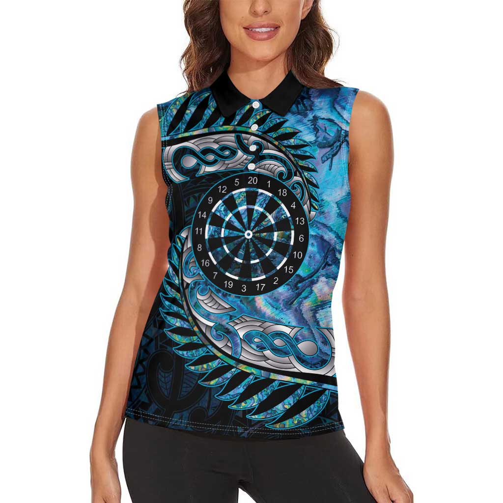 New Zealand Darts Personalised Women Sleeveless Polo Shirt Aotearoa Silver Fern Blue Papua Shell Spirit LT9 - Polynesian Pride