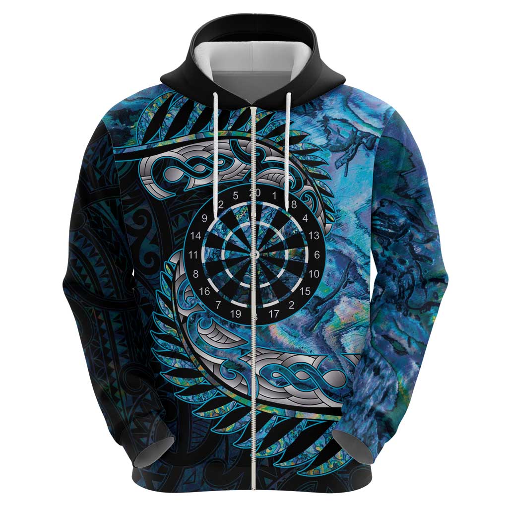 New Zealand Darts Personalised Zip Hoodie Aotearoa Silver Fern Blue Papua Shell Spirit
