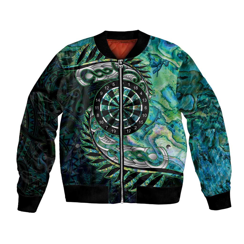 New Zealand Darts Personalised Bomber Jacket Aotearoa Silver Fern Green Papua Shell Spirit LT9 Unisex Green - Polynesian Pride