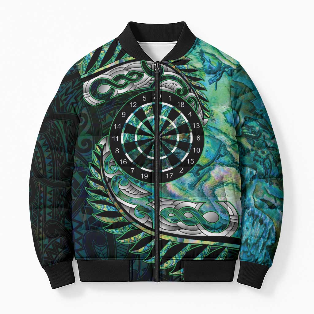 New Zealand Darts Personalised Bomber Puffer Jacket Aotearoa Silver Fern Green Papua Shell Spirit - Polynesian Pride