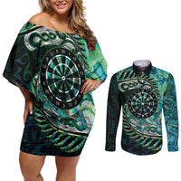 New Zealand Darts Personalised Couples Matching Off Shoulder Short Dress and Long Sleeve Button Shirt Aotearoa Silver Fern Green Papua Shell Spirit LT9 Green - Polynesian Pride