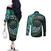 New Zealand Darts Personalised Couples Matching Off The Shoulder Long Sleeve Dress and Long Sleeve Button Shirt Aotearoa Silver Fern Green Papua Shell Spirit LT9 - Polynesian Pride