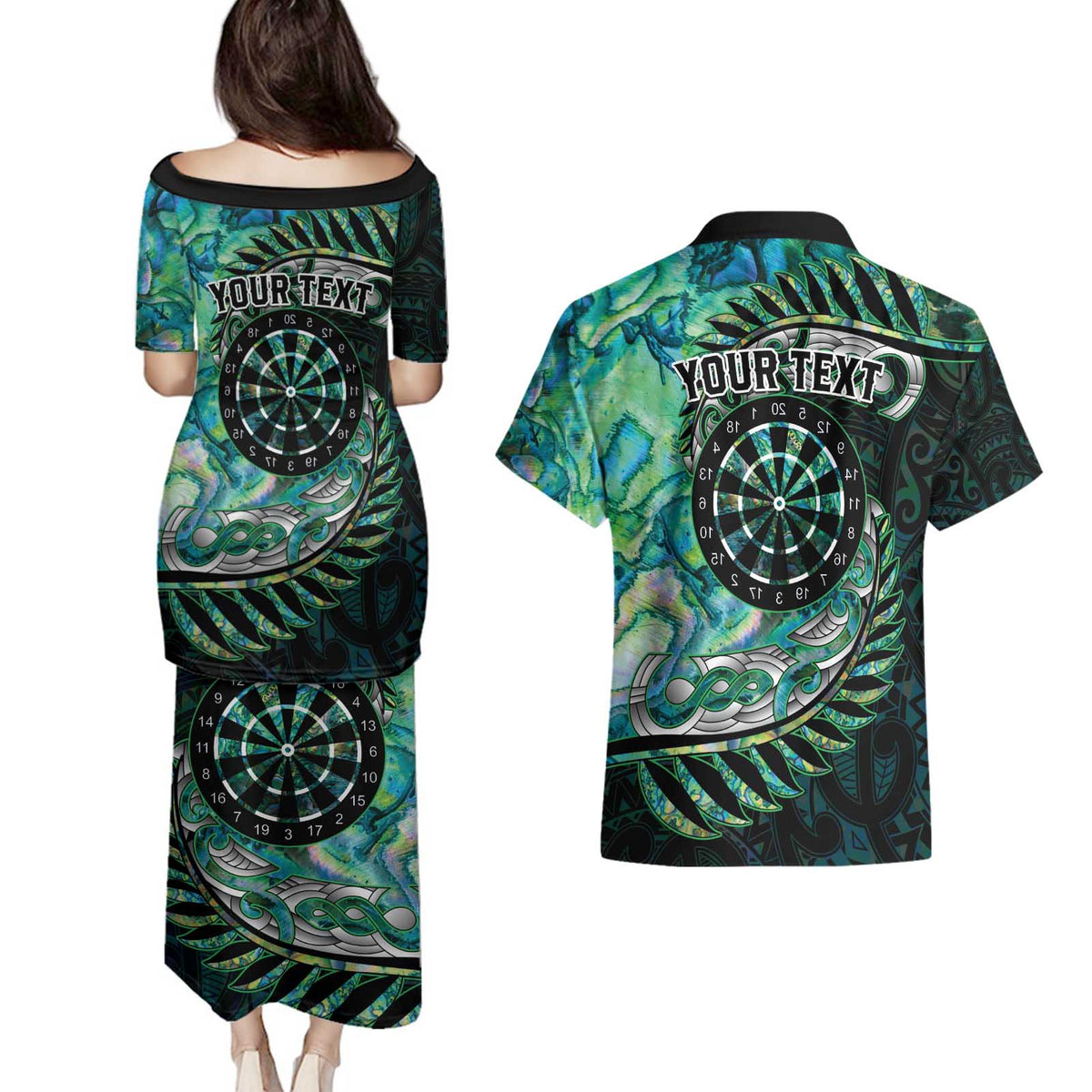 New Zealand Darts Personalised Couples Matching Puletasi and Hawaiian Shirt Aotearoa Silver Fern Green Papua Shell Spirit LT9 - Polynesian Pride