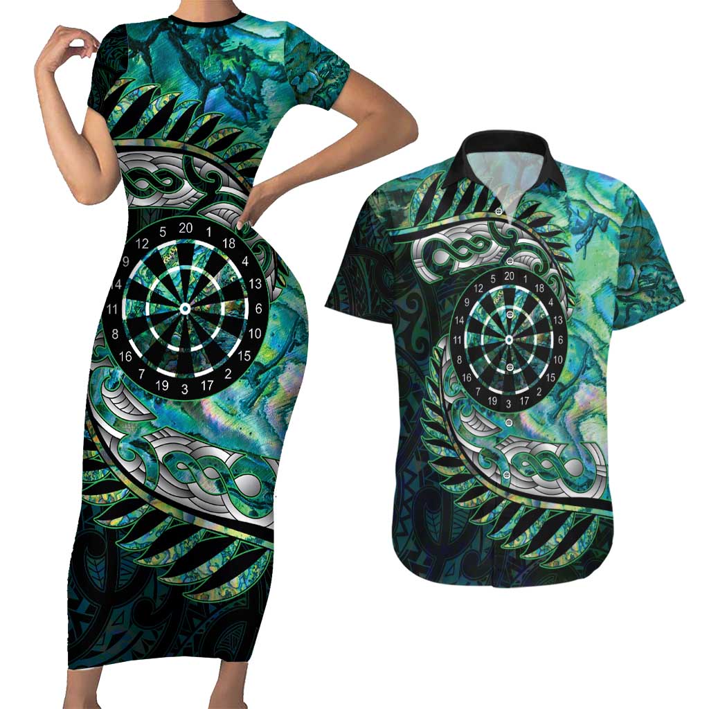New Zealand Darts Personalised Couples Matching Short Sleeve Bodycon Dress and Hawaiian Shirt Aotearoa Silver Fern Green Papua Shell Spirit LT9 Green - Polynesian Pride
