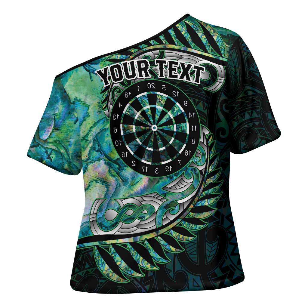 New Zealand Darts Personalised Cross Shoulder Shirt Aotearoa Silver Fern Green Papua Shell Spirit - Polynesian Pride