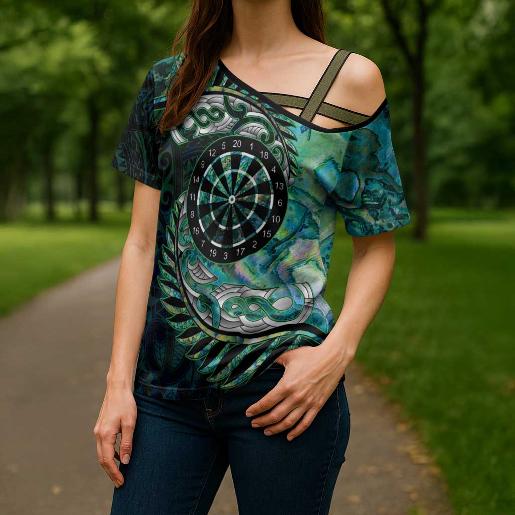 New Zealand Darts Personalised Cross Shoulder Shirt Aotearoa Silver Fern Green Papua Shell Spirit - Polynesian Pride