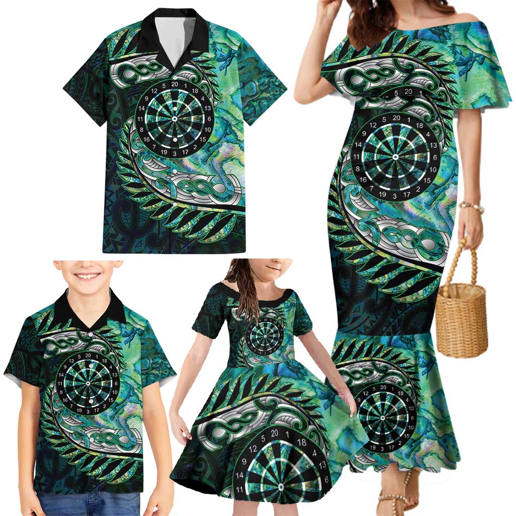 New Zealand Darts Personalised Family Matching Mermaid Dress and Hawaiian Shirt Aotearoa Silver Fern Green Papua Shell Spirit LT9 - Polynesian Pride