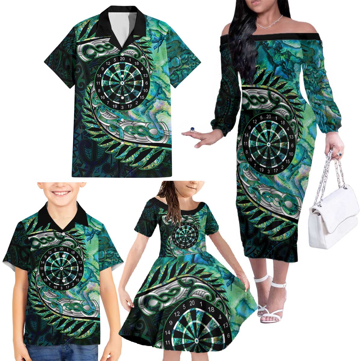 New Zealand Darts Personalised Family Matching Off The Shoulder Long Sleeve Dress and Hawaiian Shirt Aotearoa Silver Fern Green Papua Shell Spirit