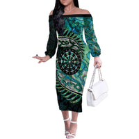 New Zealand Darts Personalised Family Matching Off The Shoulder Long Sleeve Dress and Hawaiian Shirt Aotearoa Silver Fern Green Papua Shell Spirit