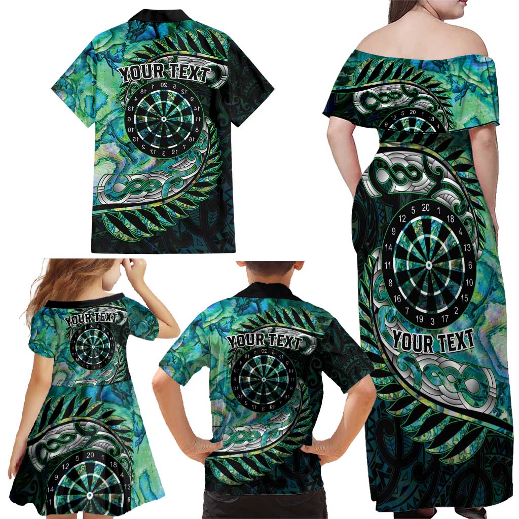 New Zealand Darts Personalised Family Matching Off Shoulder Maxi Dress and Hawaiian Shirt Aotearoa Silver Fern Green Papua Shell Spirit