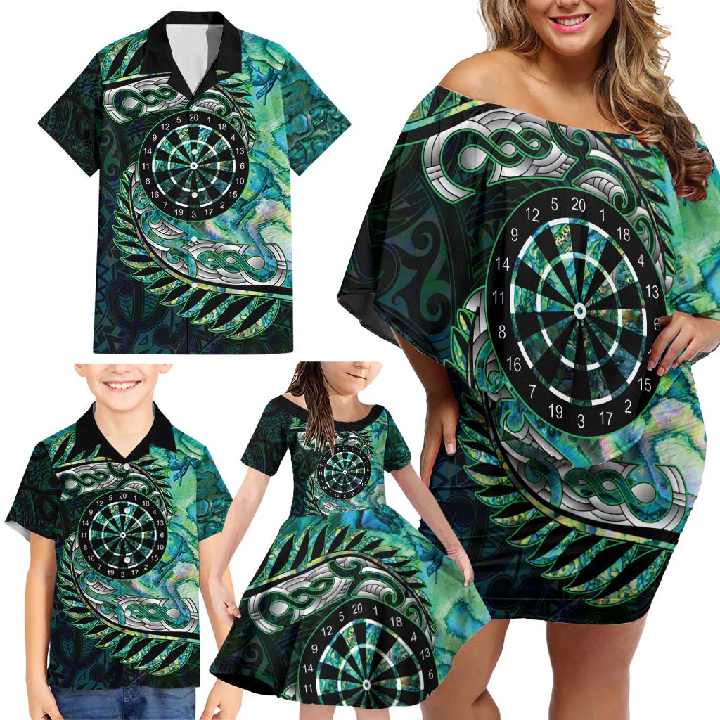 New Zealand Darts Personalised Family Matching Off Shoulder Short Dress and Hawaiian Shirt Aotearoa Silver Fern Green Papua Shell Spirit