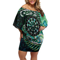 New Zealand Darts Personalised Family Matching Off Shoulder Short Dress and Hawaiian Shirt Aotearoa Silver Fern Green Papua Shell Spirit