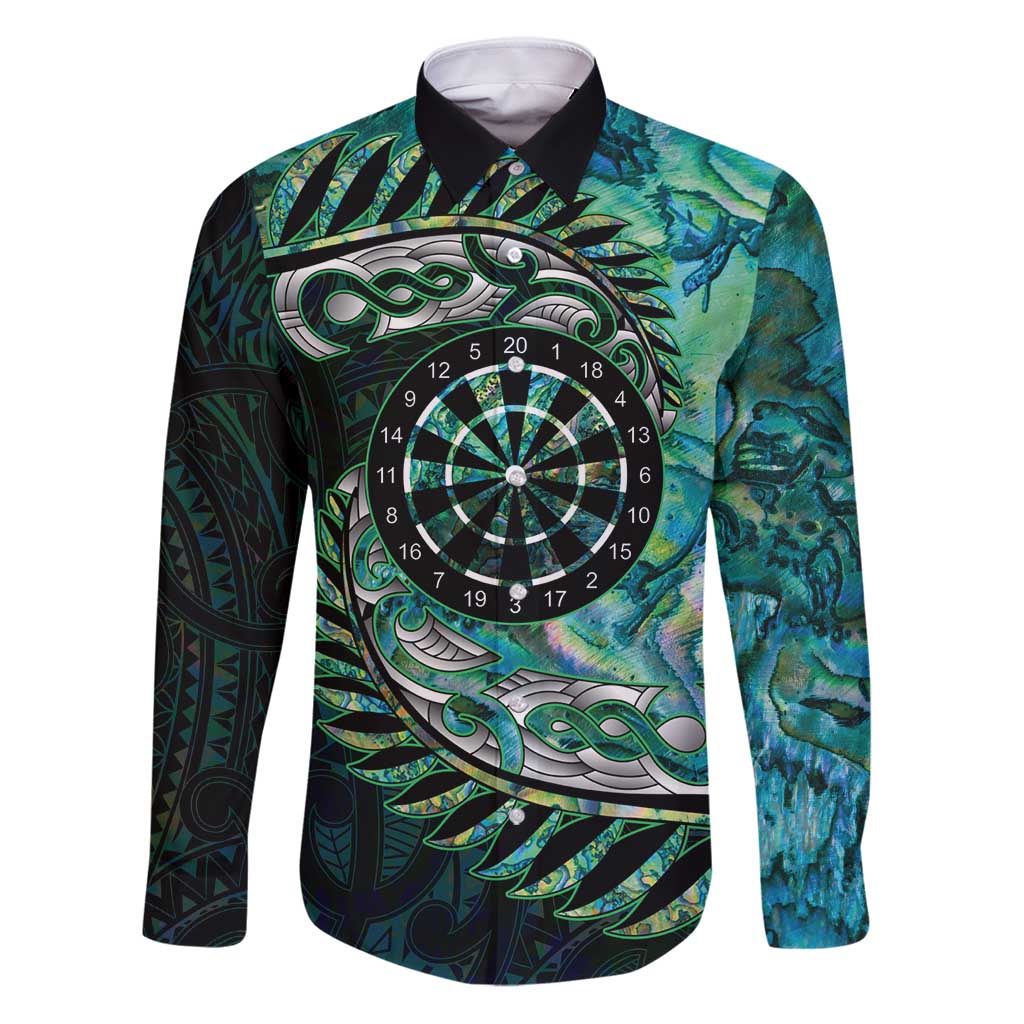 New Zealand Darts Personalised Family Matching Puletasi and Hawaiian Shirt Aotearoa Silver Fern Green Papua Shell Spirit LT9 Dad's Shirt - Long Sleeve Green - Polynesian Pride