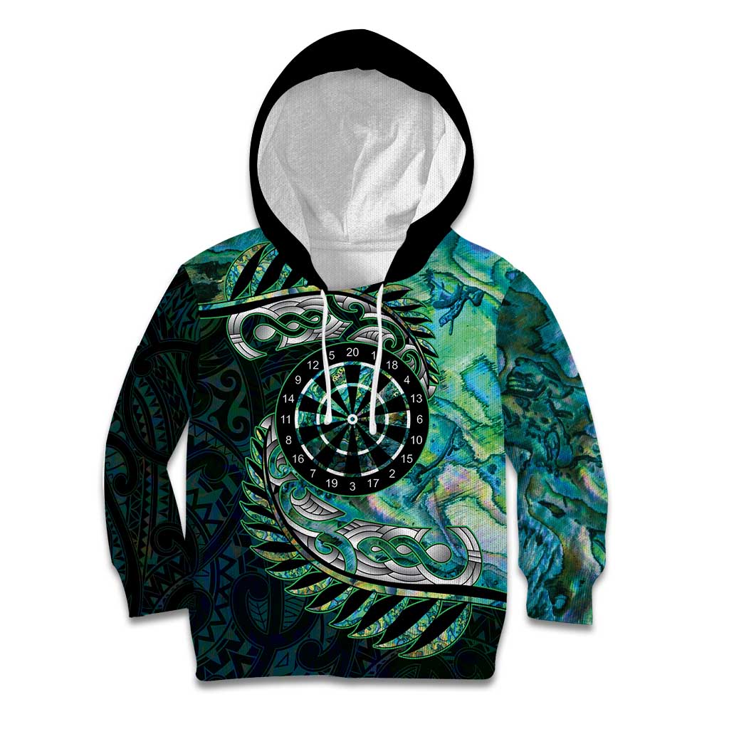 New Zealand Darts Personalised Kid Hoodie Aotearoa Silver Fern Green Papua Shell Spirit