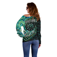 New Zealand Darts Personalised Off Shoulder Sweater Aotearoa Silver Fern Green Papua Shell Spirit