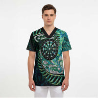 New Zealand Darts Personalised Scrub Top Aotearoa Silver Fern Green Papua Shell Spirit - Polynesian Pride