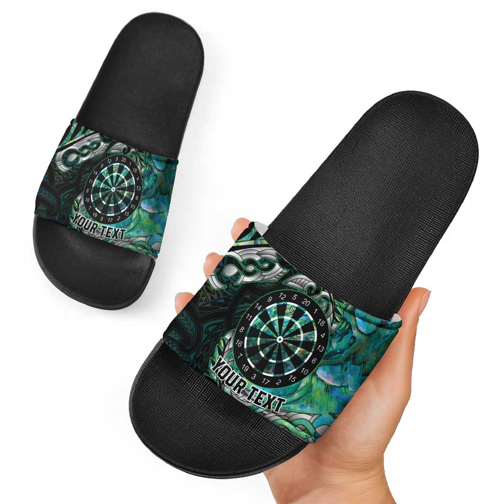 New Zealand Darts Personalised Slide Sandals Aotearoa Silver Fern Green Papua Shell Spirit LT9 - Polynesian Pride
