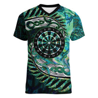New Zealand Darts Personalised Women V-Neck T-Shirt Aotearoa Silver Fern Green Papua Shell Spirit LT9 Female Green - Polynesian Pride