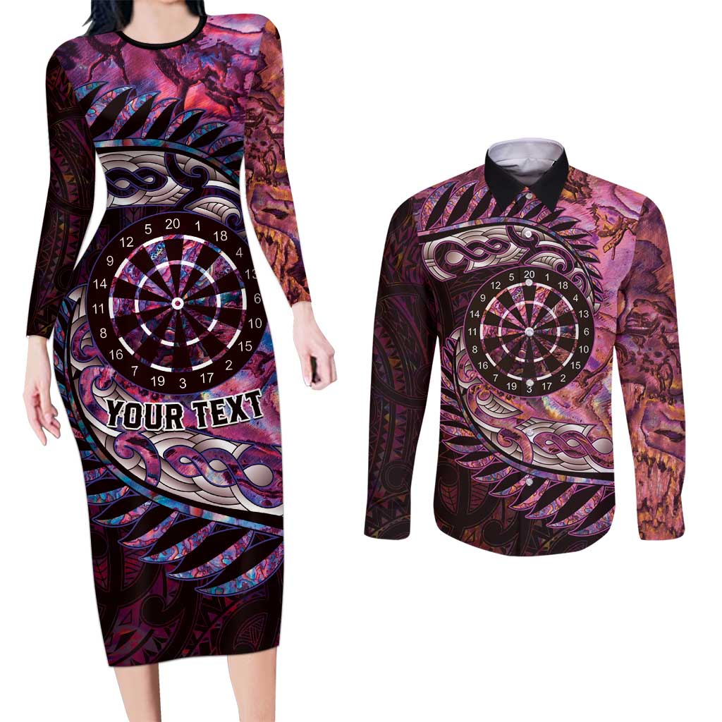 New Zealand Darts Personalised Couples Matching Long Sleeve Bodycon Dress and Long Sleeve Button Shirt Aotearoa Silver Fern Pink Papua Shell Spirit LT9 Pink - Polynesian Pride