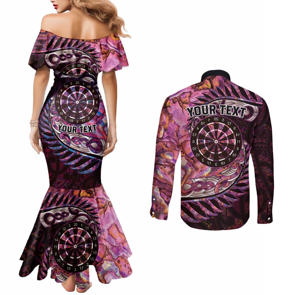 New Zealand Darts Personalised Couples Matching Mermaid Dress and Long Sleeve Button Shirt Aotearoa Silver Fern Pink Papua Shell Spirit LT9 - Polynesian Pride