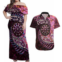 New Zealand Darts Personalised Couples Matching Off Shoulder Maxi Dress and Hawaiian Shirt Aotearoa Silver Fern Pink Papua Shell Spirit LT9 Pink - Polynesian Pride